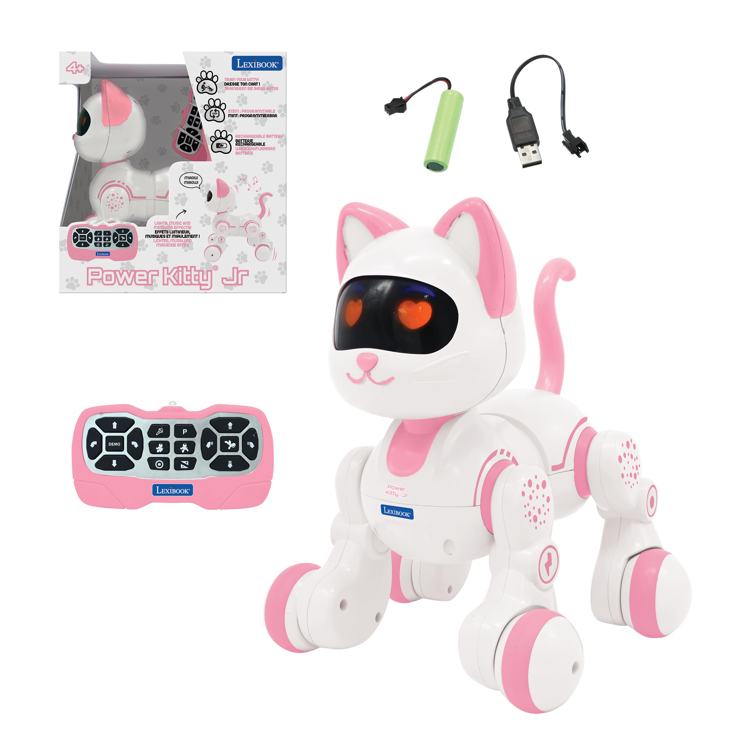 Lexibook, Power Kitty Jr., Remote control cat to train, Waddles like a real cat, Interactive eyes, STEM programmable, Rechargeable battery, Pink/white