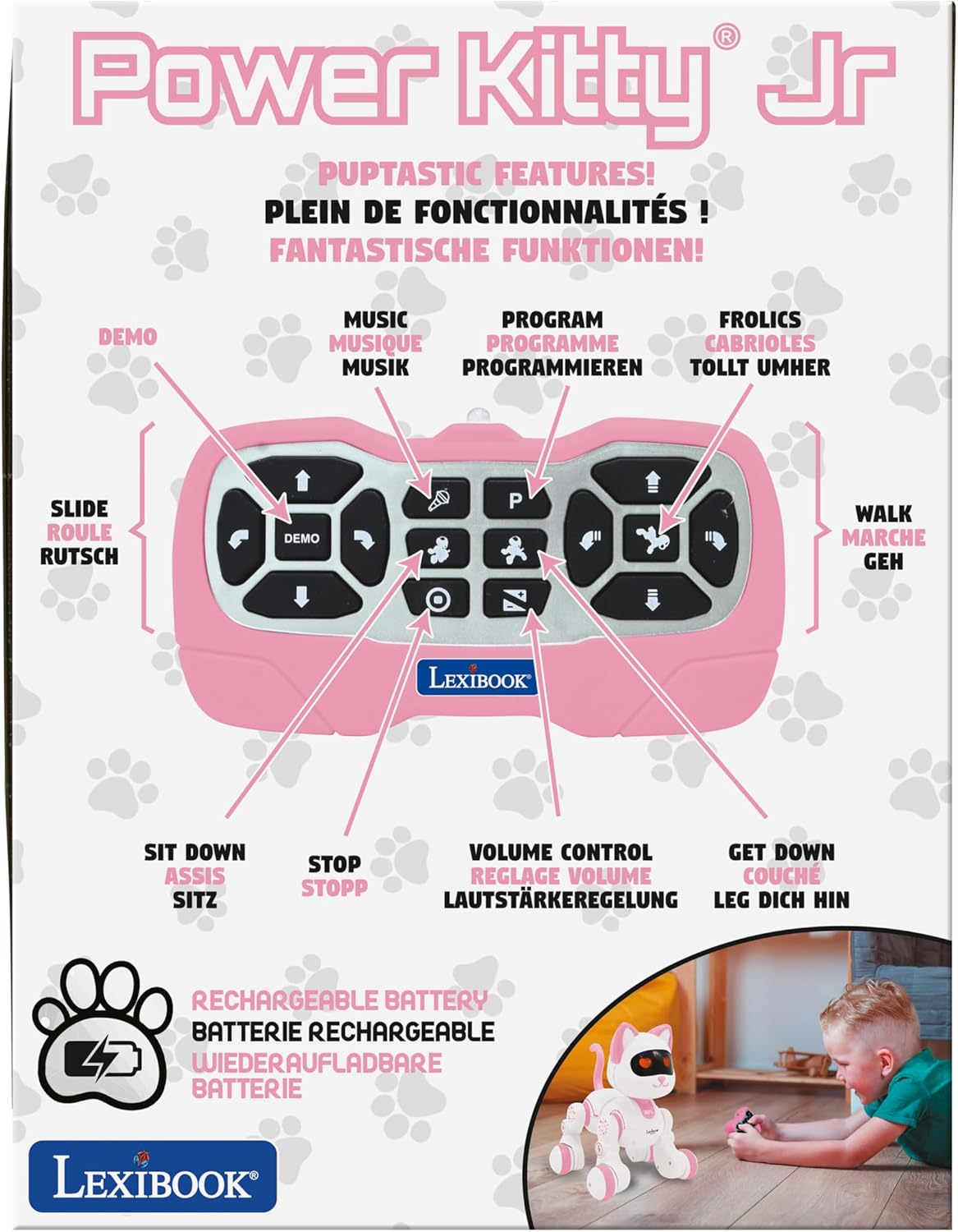 Lexibook, Power Kitty Jr., Remote control cat to train, Waddles like a real cat, Interactive eyes, STEM programmable, Rechargeable battery, Pink/white