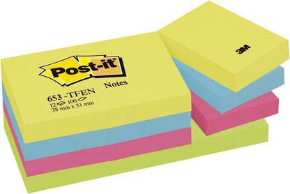 Post-it® Foglietti adesivi Active, 51 x 38 mm, 4 colori assortiti, 100 fogli (12 blocchi), 1 confezione da 12 blocchetti