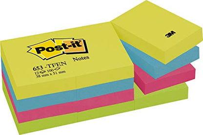 Post-it® Foglietti adesivi Active, 51 x 38 mm, 4 colori assortiti, 100 fogli (12 blocchi), 1 confezione da 12 blocchetti