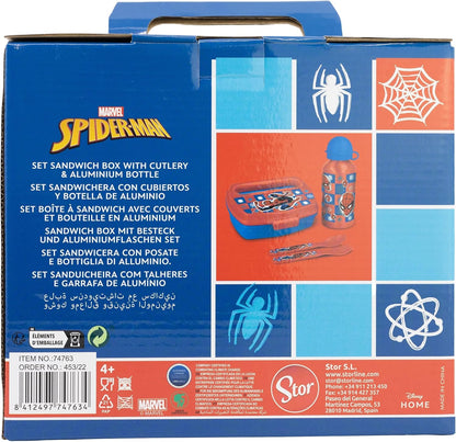 Stor Urban Starter Set with 400 ml Aluminium Bottle and Lunch Box with Cutlery Spiderman Midnight Flyer
