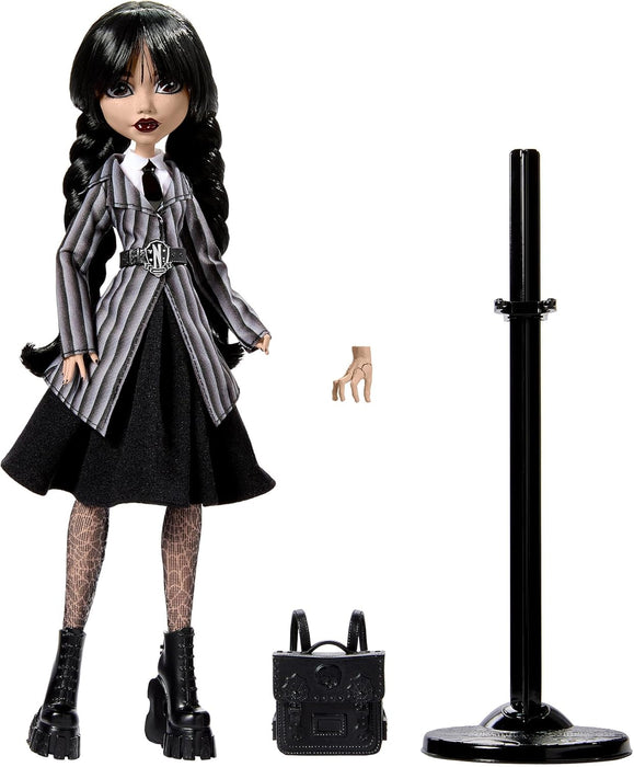 Monster High Wednesday Doll and Accessories, Wednesday Addams Collectible in Nevermore Academy Uniform with Thing and Backpack, Doll Stand