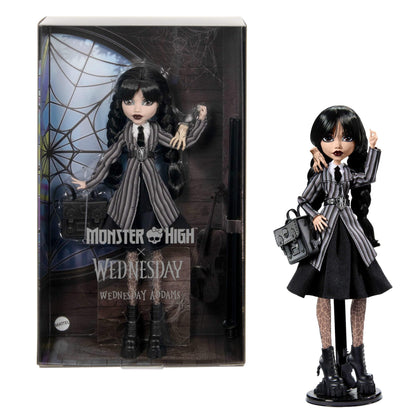 Monster High Wednesday Doll and Accessories, Wednesday Addams Collectible in Nevermore Academy Uniform with Thing and Backpack, Doll Stand