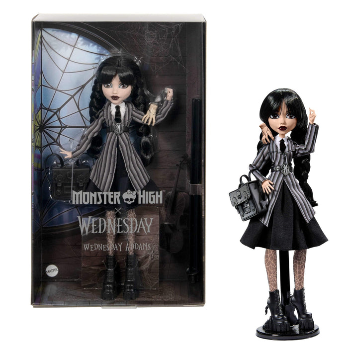 Monster High Wednesday Doll and Accessories, Wednesday Addams Collectible in Nevermore Academy Uniform with Thing and Backpack, Doll Stand