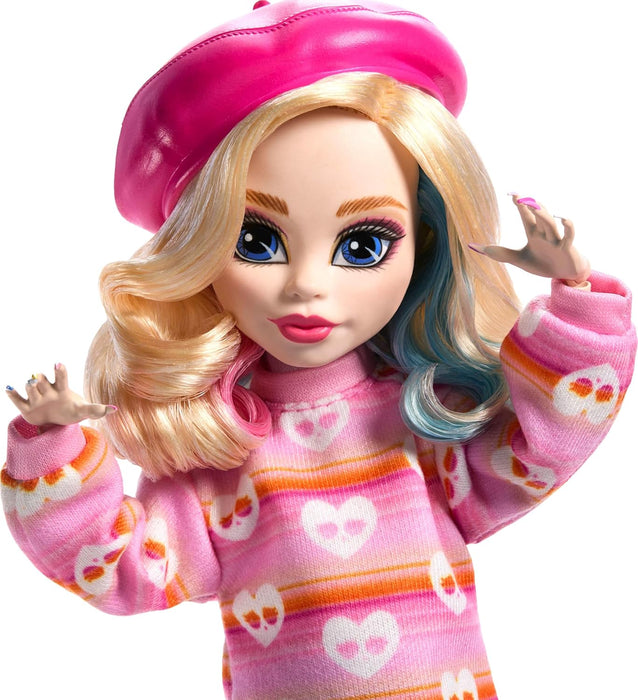 Monster High Wednesday Doll and Accessories, Enid Sinclair Collectible in Pink Fashion with Beret and Backpack, Doll Stand, HXJ05