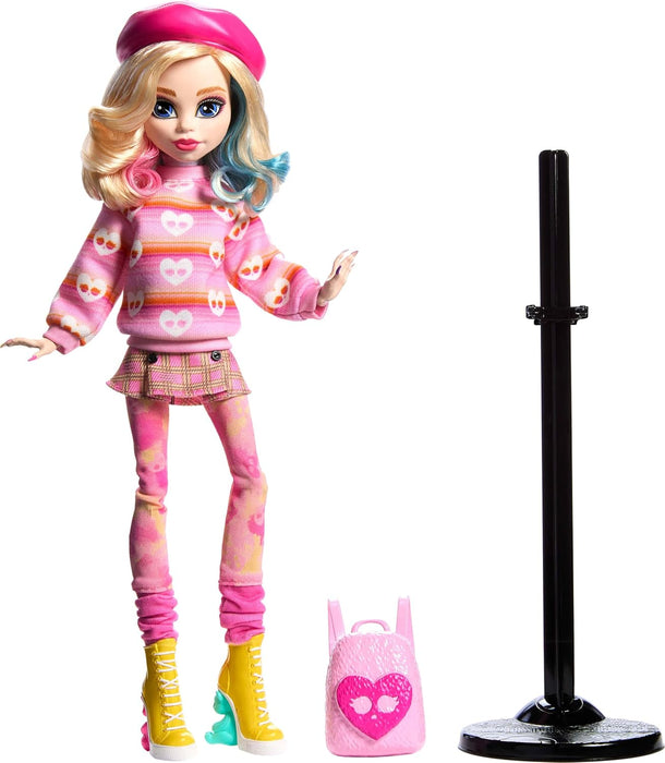 Monster High Wednesday Doll and Accessories, Enid Sinclair Collectible in Pink Fashion with Beret and Backpack, Doll Stand, HXJ05