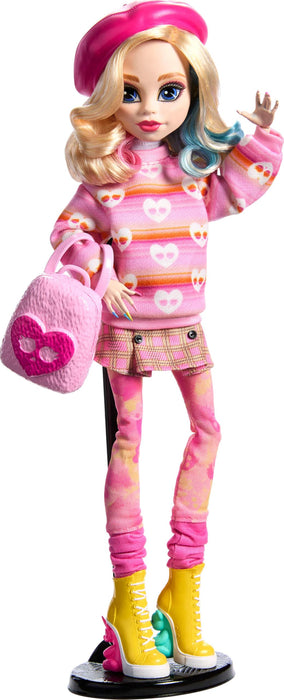 Monster High Wednesday Doll and Accessories, Enid Sinclair Collectible in Pink Fashion with Beret and Backpack, Doll Stand, HXJ05