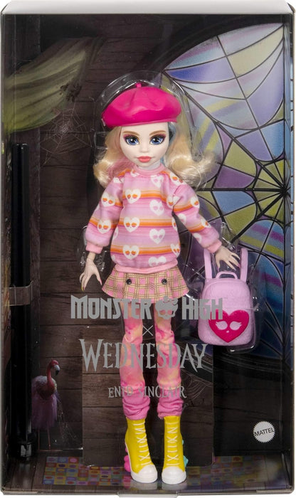 Monster High Wednesday Doll and Accessories, Enid Sinclair Collectible in Pink Fashion with Beret and Backpack, Doll Stand, HXJ05