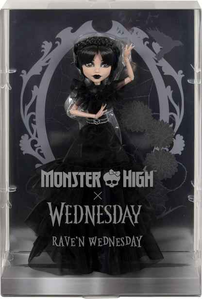 Monster High Wednesday Pop, Rave'N Wednesday Verzamelobject met Zwarte Gothic Jurk, geïnspireerd op de dansscène, Premium Accessoires en Poppenstandaard, HXJ03