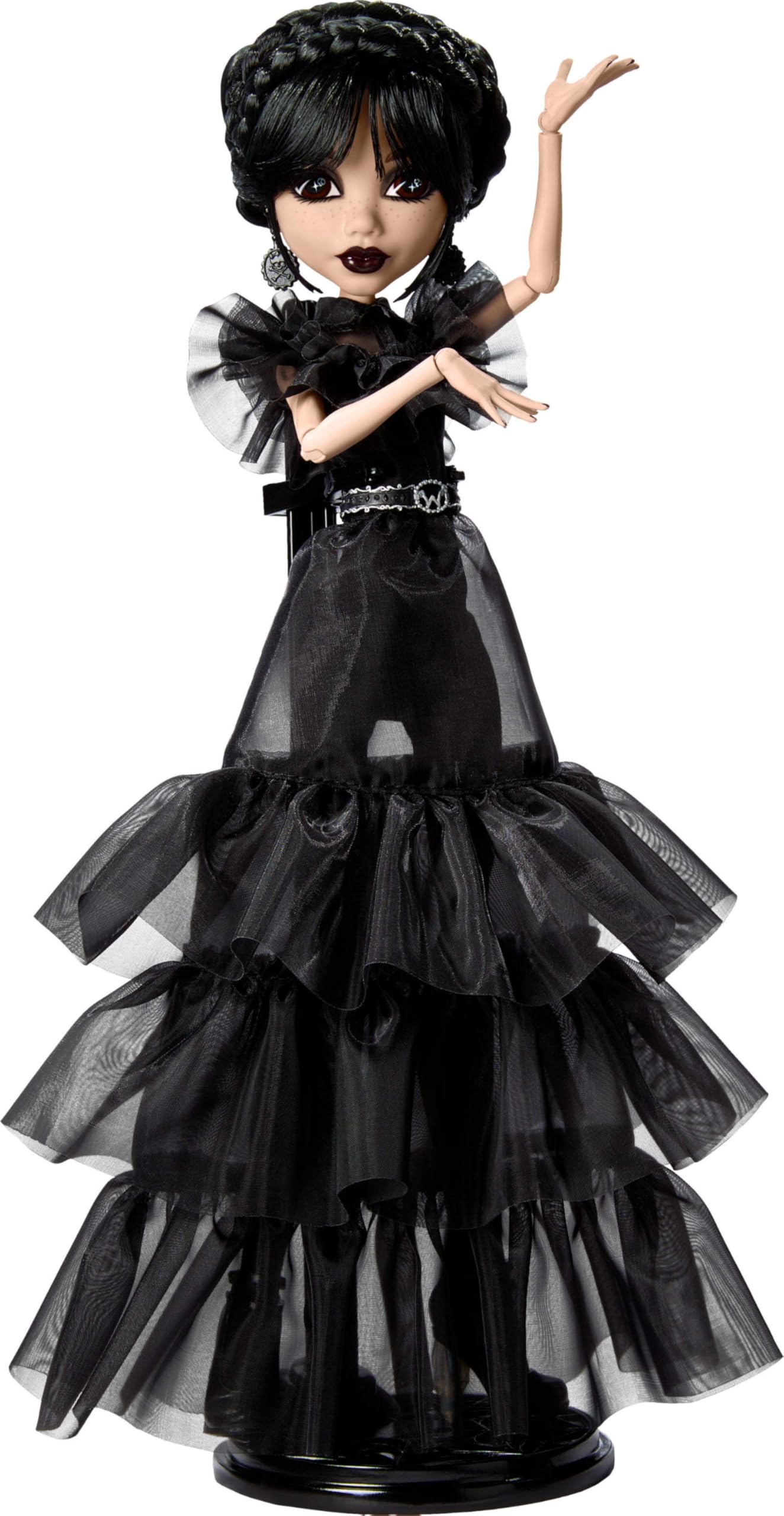 Monster High Wednesday Pop, Rave'N Wednesday Verzamelobject met Zwarte Gothic Jurk, geïnspireerd op de dansscène, Premium Accessoires en Poppenstandaard, HXJ03