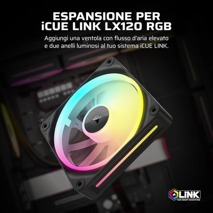 Corsair iCUE LINK LX120 RGB 120mm PWM Fan Single Pack – Dual Light Loops – Requires iCUE LINK System Hub (Sold Separately) AirGuide Technology – Black 1 x 120mm Black