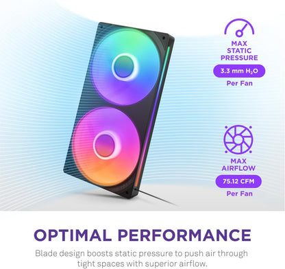 NZXT F240 RGB Core - 240mm Single-Frame Fan Unit with 2 x 120mm RGB Fans - Speed & Lighting Control - High Static Pressure & Airflow - Fluid Dynamic Bearings - 8 aRGB LEDs Per Fan - Black