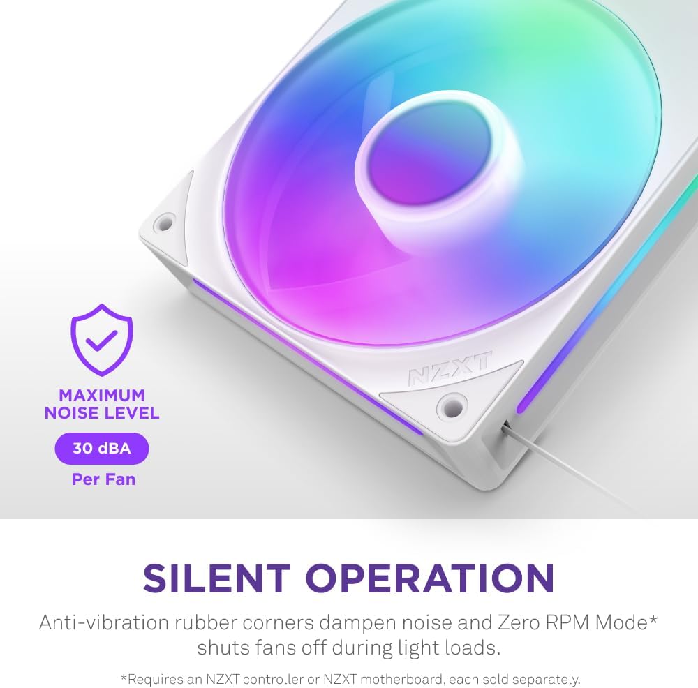 NZXT F240 RGB Core - 240mm Single-Frame Fan Unit with 2 x 120mm RGB Fans - Speed & Lighting Control - High Static Pressure & Airflow - Fluid Dynamic Bearings - 8 aRGB LEDs Per Fan - White