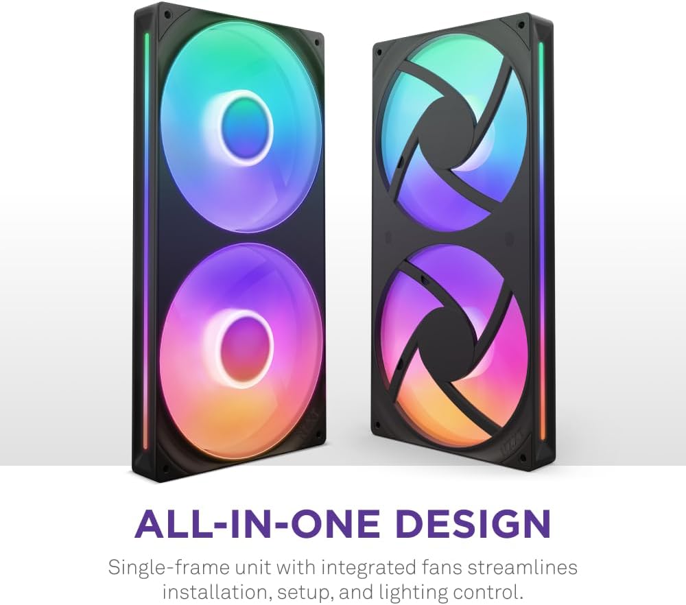 NZXT F280 RGB Core - 280mm Single-Frame Fan Unit with 2 x 140mm RGB Fans - Speed & Lighting Control - High Static Pressure & Airflow - Fluid Dynamic Bearings - 8 aRGB LEDs Per Fan - Black 280mm Black