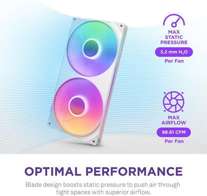 NZXT F280 RGB Core - 280mm Single-Frame Fan Unit with 2 x 140mm RGB Fans - Speed & Lighting Control - High Static Pressure & Airflow - Fluid Dynamic Bearings - 8 aRGB LEDs Per Fan - White 280mm White