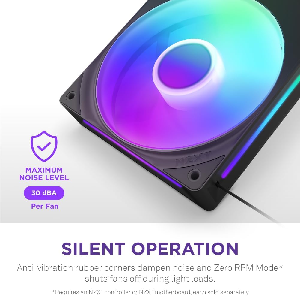 NZXT F360 RGB Core - 360mm Single-Frame Fan Unit with 3 x 120mm RGB Fans - Speed & Lighting Control - High Static Pressure & Airflow - Fluid Dynamic Bearings - 8 aRGB LEDs Per Fan - Black 360mm Black