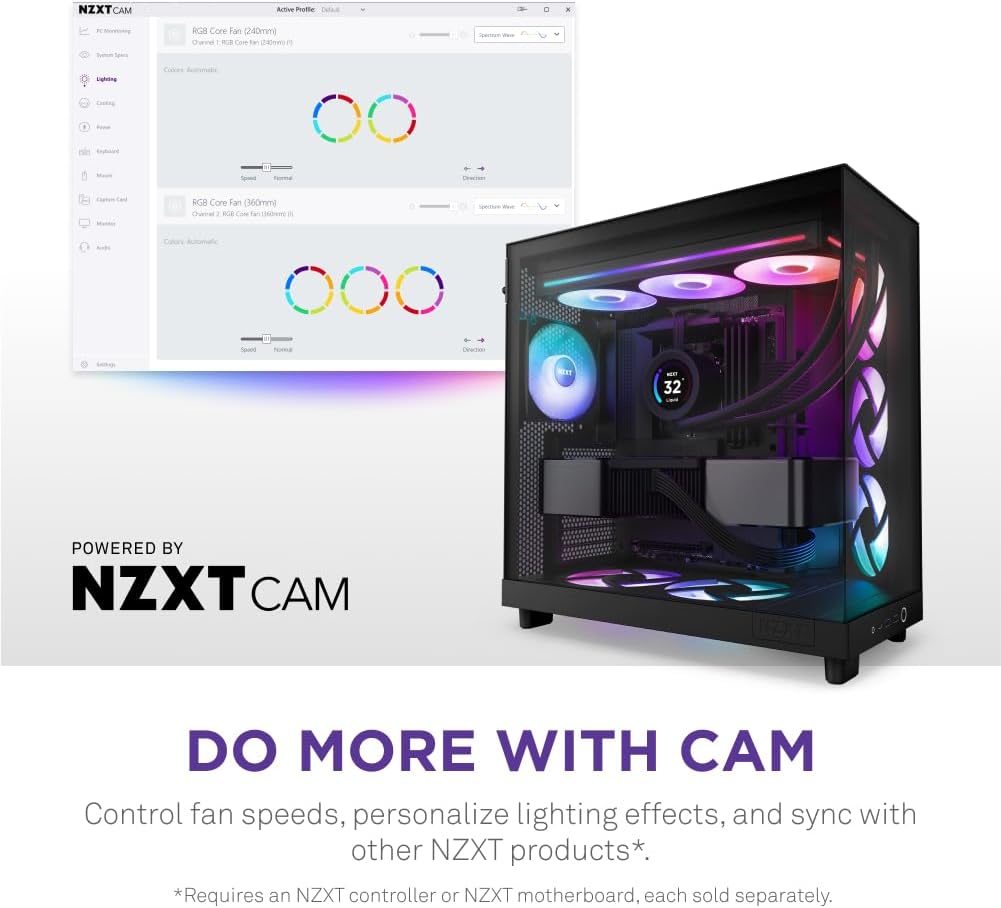 NZXT F360 RGB Core - 360mm Single-Frame Fan Unit with 3 x 120mm RGB Fans - Speed & Lighting Control - High Static Pressure & Airflow - Fluid Dynamic Bearings - 8 aRGB LEDs Per Fan - Black 360mm Black