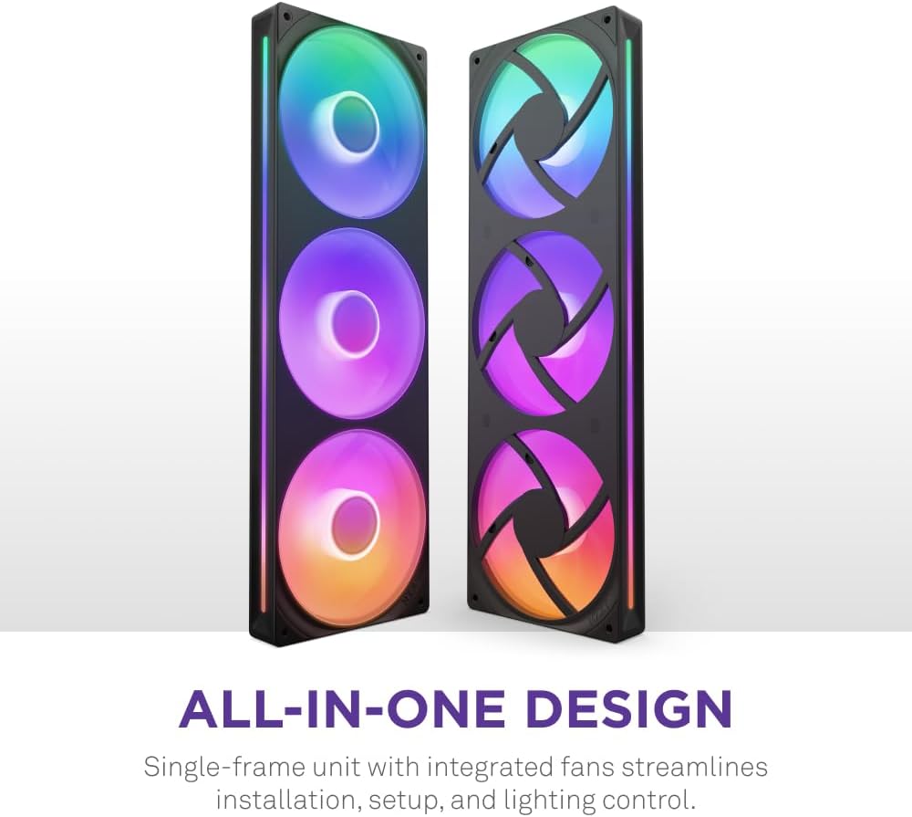 NZXT F360 RGB Core - 360mm Single-Frame Fan Unit with 3 x 120mm RGB Fans - Speed & Lighting Control - High Static Pressure & Airflow - Fluid Dynamic Bearings - 8 aRGB LEDs Per Fan - Black 360mm Black