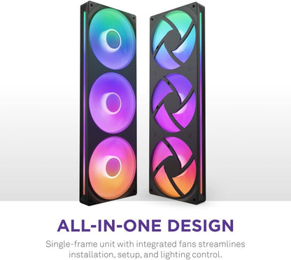 NZXT F360 RGB Core - 360mm Single-Frame Fan Unit with 3 x 120mm RGB Fans - Speed & Lighting Control - High Static Pressure & Airflow - Fluid Dynamic Bearings - 8 aRGB LEDs Per Fan - Black 360mm Black