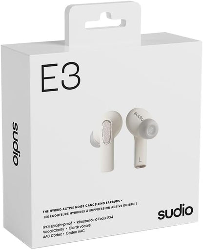 Sudio E3 White, in ear, true wireless, splashproof, IPX4, Bluetooth v5.3, USB-C, 6h playtime
