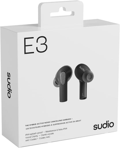 Sudio E3 Black, In-Ear, True Wireless, Splash Proof, IPX4, Bluetooth v5.3, USB-C, 6 Hours Playtime