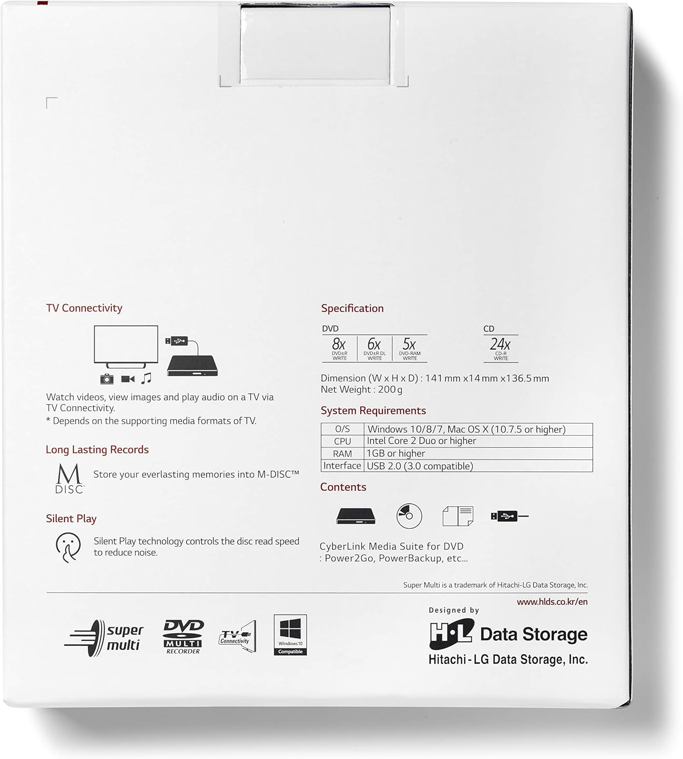 Hitachi-LG GP57, External DVD Drive, USB 2.0, 8x Read/Write Speed, M-DISC Support, Silent Play Technology