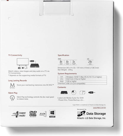 Hitachi-LG GP57, External DVD Drive, USB 2.0, 8x Read/Write Speed, M-DISC Support, Silent Play Technology