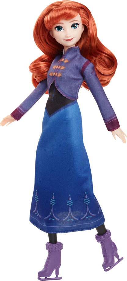 Mattel Disney Frozen Anna modepop en accessoires, schaatslook met jurk en schaatsen (die aan en uit kunnen), plus 1 paar schoenen, geïnspireerd op Frozen: Winterfestival, JBG54