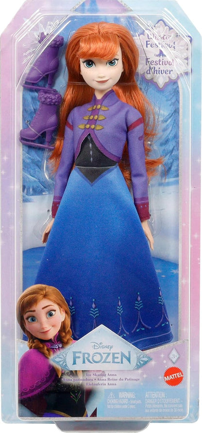 Mattel Disney Frozen Anna modepop en accessoires, schaatslook met jurk en schaatsen (die aan en uit kunnen), plus 1 paar schoenen, geïnspireerd op Frozen: Winterfestival, JBG54