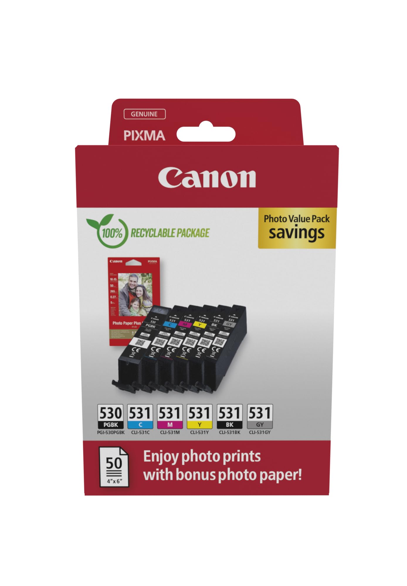 Canon PGI-530 / CLI-531 Genuine Ink Cartridges, Pack of 6 (2 x Black, Cyan, Magenta, Yellow, Grey), Includes 50 Sheets of 4x6 Photo Paper - Compatible with PIXMA TS8750 / TS8751
