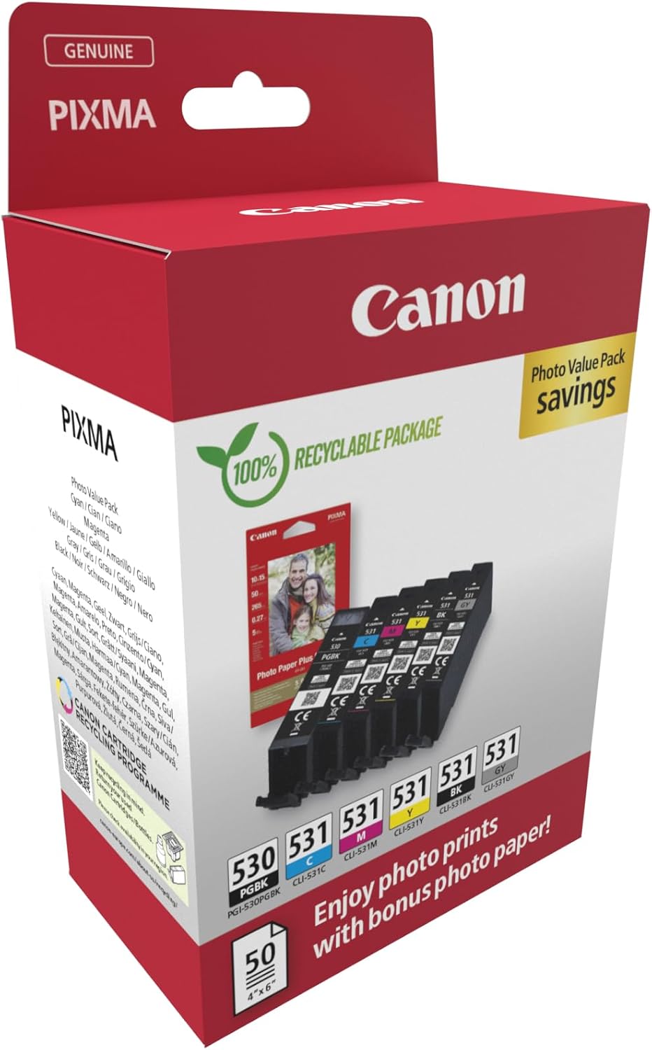 Canon PGI-530 / CLI-531 Genuine Ink Cartridges, Pack of 6 (2 x Black, Cyan, Magenta, Yellow, Grey), Includes 50 Sheets of 4x6 Photo Paper - Compatible with PIXMA TS8750 / TS8751