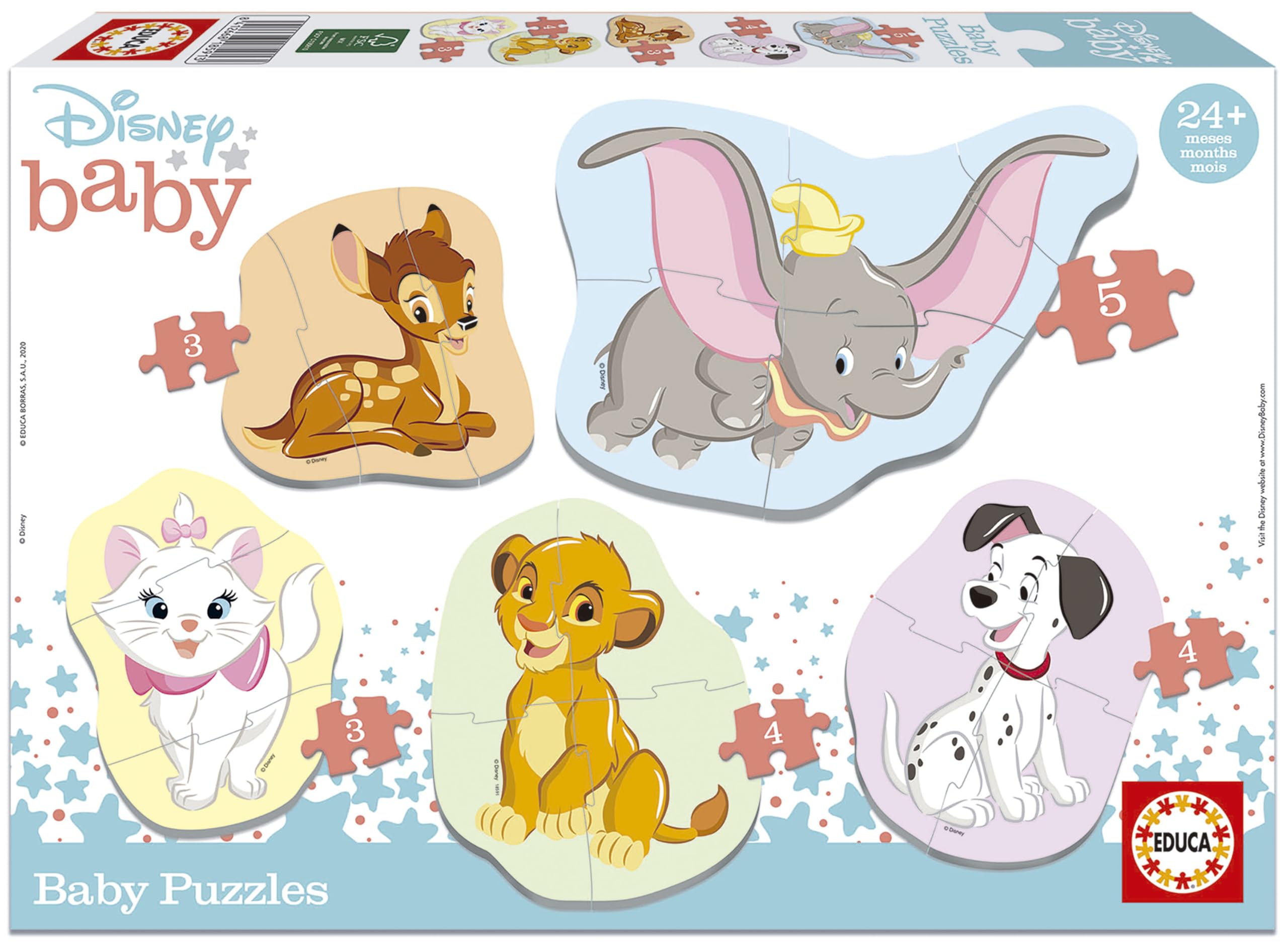 Educa - Disney, Baby Puzzleset mit 5 Puzzles für Kinder ab 24 Monaten, Bambi, Dumbo, 101 Dalmatiner, Aristocats, König der Löwen (18591)