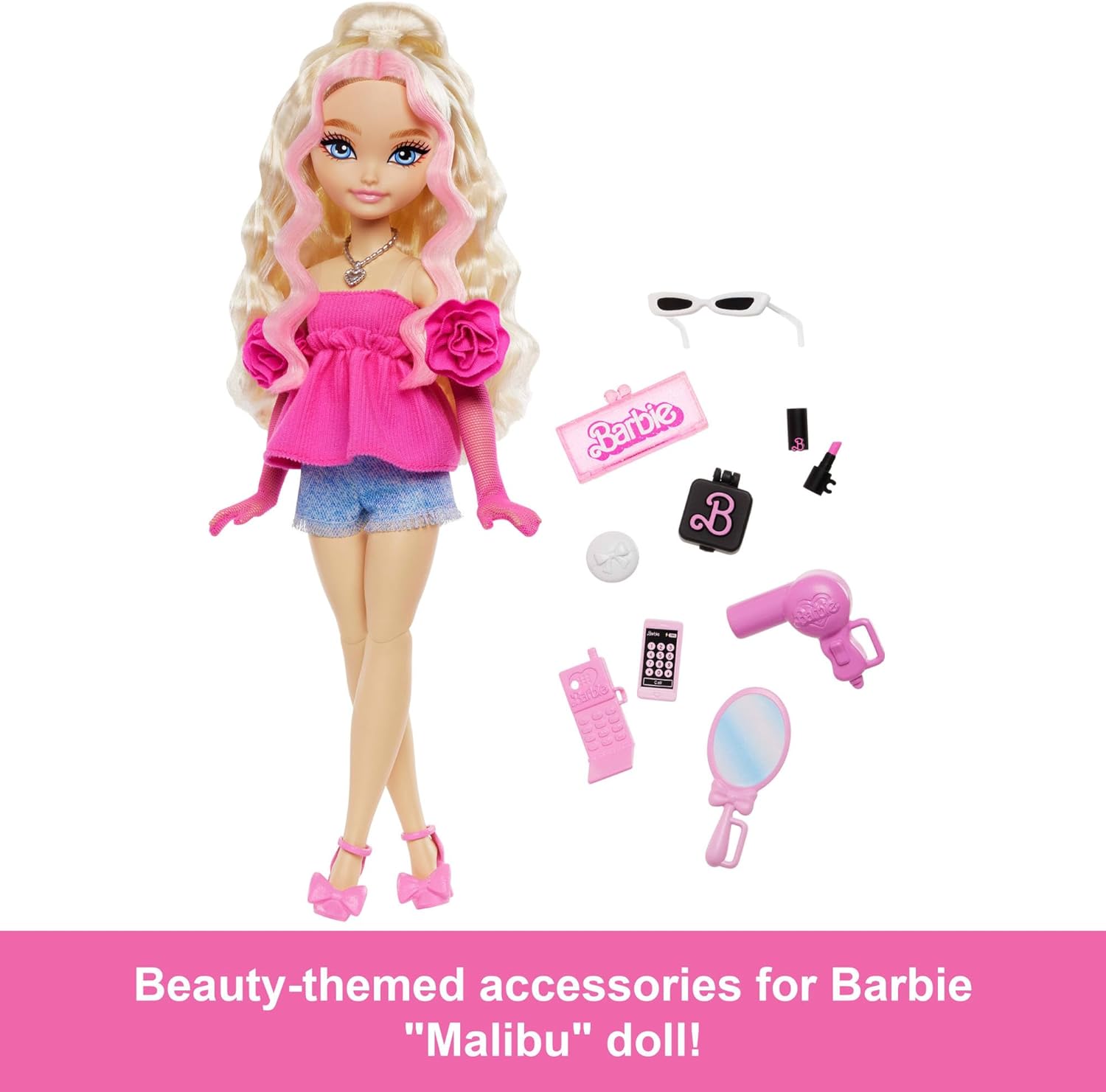Barbie Dream Besties Doll and Accessories, Barbie “Malibu” Posable Fashion Doll with Wavy Blonde Hair, 11 Makeup and Hair Themed Pieces, HYC21