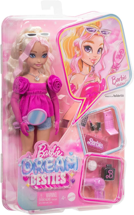 Barbie Dream Besties Doll and Accessories, Barbie “Malibu” Posable Fashion Doll with Wavy Blonde Hair, 11 Makeup and Hair Themed Pieces, HYC21