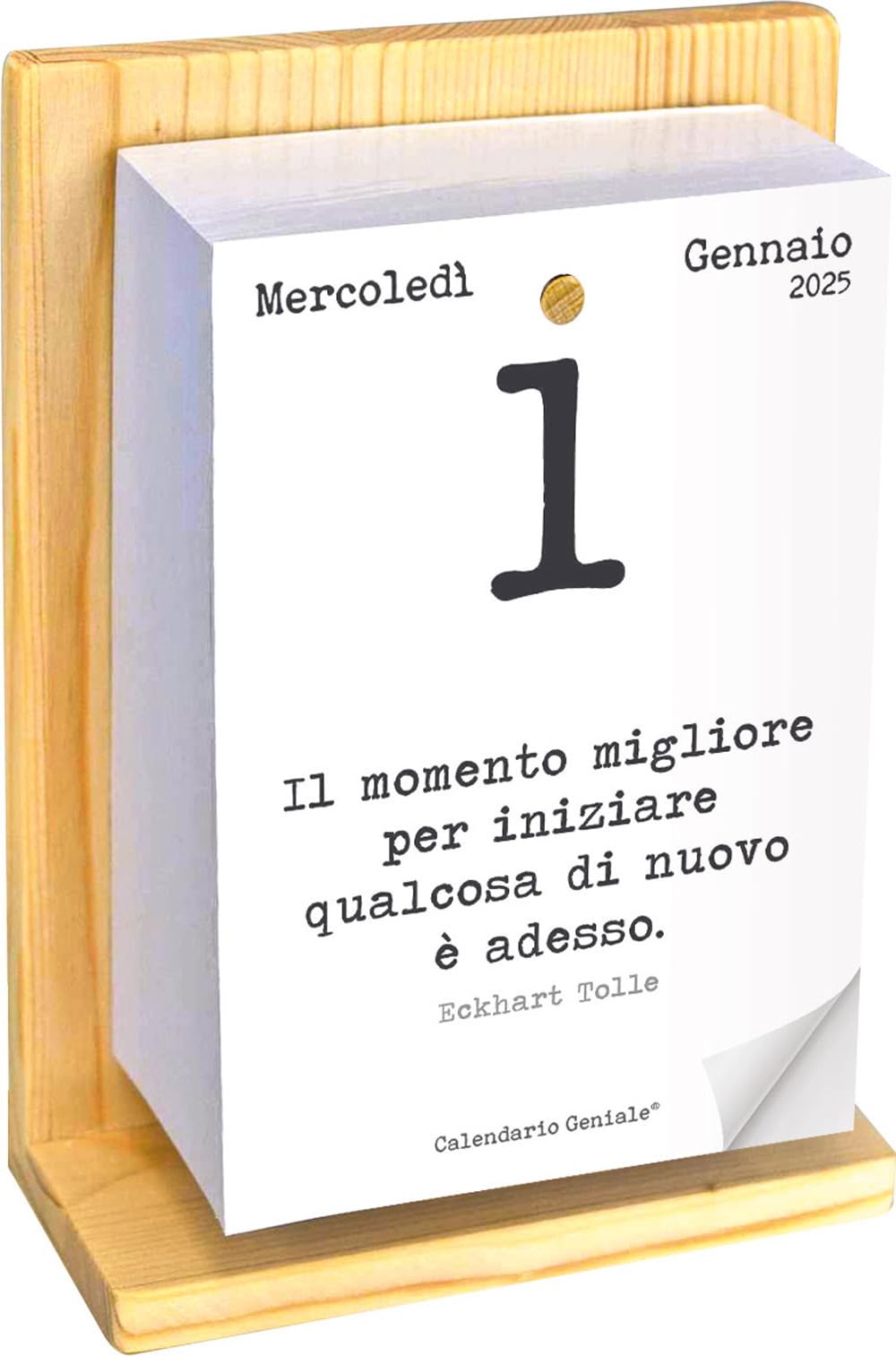 Calendario Geniale 2025. The Original. The First with Digital Bonus. Support Natural Organic Fir Wood. Gift Idea. Read a Phrase and Philosophical Thought. Calendar with Box