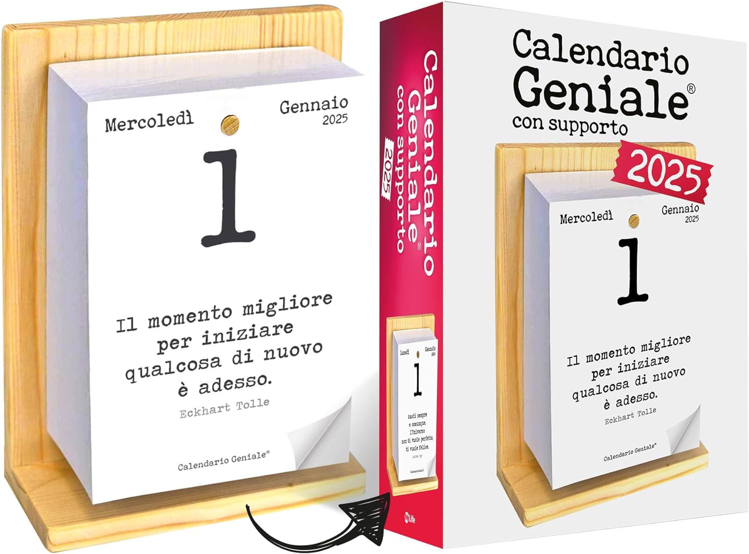 Calendario Geniale 2025. The Original. The First with Digital Bonus. Support Natural Organic Fir Wood. Gift Idea. Read a Phrase and Philosophical Thought. Calendar with Box