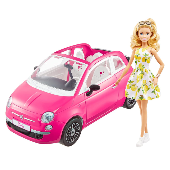 Barbie con su Coche Fiat Muñeca Rubia con Vestido de Moda y vehículo Rosa de Juguete, Regalo para niñas y niños +3 años (Mattel HGV03