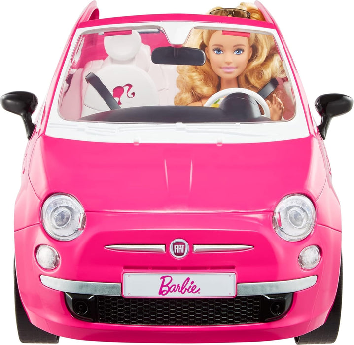 Barbie con su Coche Fiat Muñeca Rubia con Vestido de Moda y vehículo Rosa de Juguete, Regalo para niñas y niños +3 años (Mattel HGV03