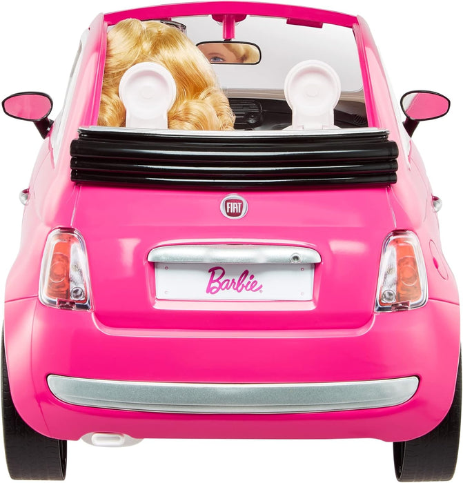 Barbie con su Coche Fiat Muñeca Rubia con Vestido de Moda y vehículo Rosa de Juguete, Regalo para niñas y niños +3 años (Mattel HGV03