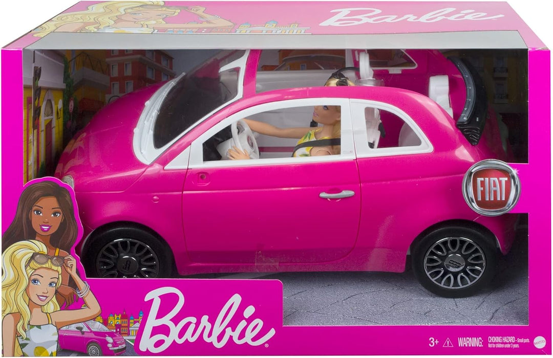 Barbie con su Coche Fiat Muñeca Rubia con Vestido de Moda y vehículo Rosa de Juguete, Regalo para niñas y niños +3 años (Mattel HGV03