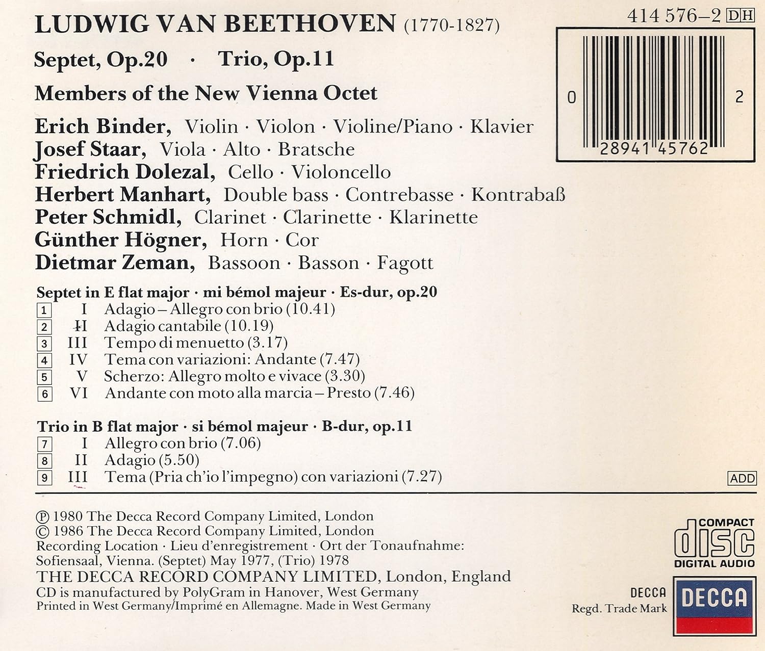 Septet op. 20 / Trio op. 11