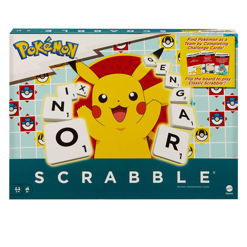 Mattel Games Jeu de société Scrabble Pokémon, jeu de mots familial avec deux façons de jouer, comprend 50 cartes de défi avec des personnages Pokémon pour 2 à 4 joueurs, version britannique, HXB94