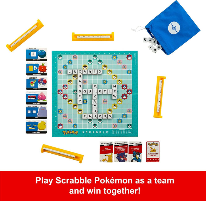 Mattel Games Jeu de société Scrabble Pokémon, jeu de mots familial avec deux façons de jouer, comprend 50 cartes de défi avec des personnages Pokémon pour 2 à 4 joueurs, version britannique, HXB94