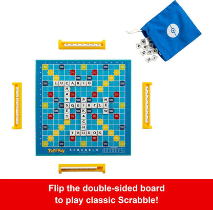 Mattel Games Jeu de société Scrabble Pokémon, jeu de mots familial avec deux façons de jouer, comprend 50 cartes de défi avec des personnages Pokémon pour 2 à 4 joueurs, version britannique, HXB94