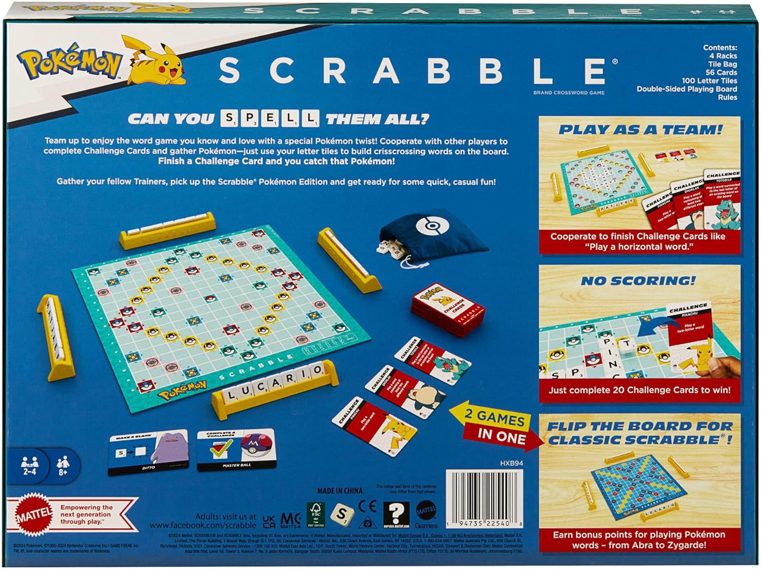 Mattel Games Jeu de société Scrabble Pokémon, jeu de mots familial avec deux façons de jouer, comprend 50 cartes de défi avec des personnages Pokémon pour 2 à 4 joueurs, version britannique, HXB94