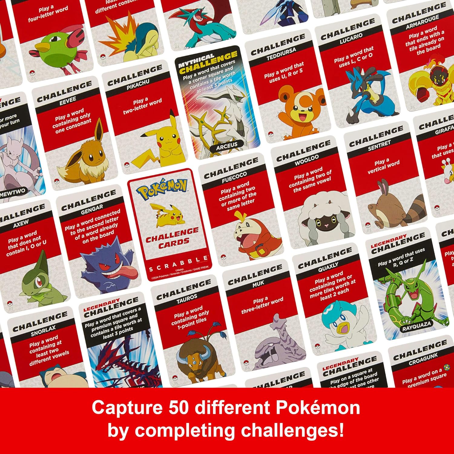 Mattel Games Jeu de société Scrabble Pokémon, jeu de mots familial avec deux façons de jouer, comprend 50 cartes de défi avec des personnages Pokémon pour 2 à 4 joueurs, version britannique, HXB94