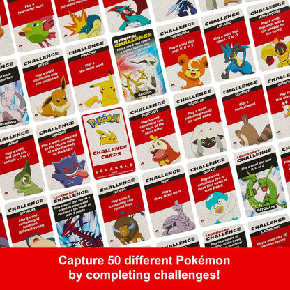 Mattel Games Jeu de société Scrabble Pokémon, jeu de mots familial avec deux façons de jouer, comprend 50 cartes de défi avec des personnages Pokémon pour 2 à 4 joueurs, version britannique, HXB94