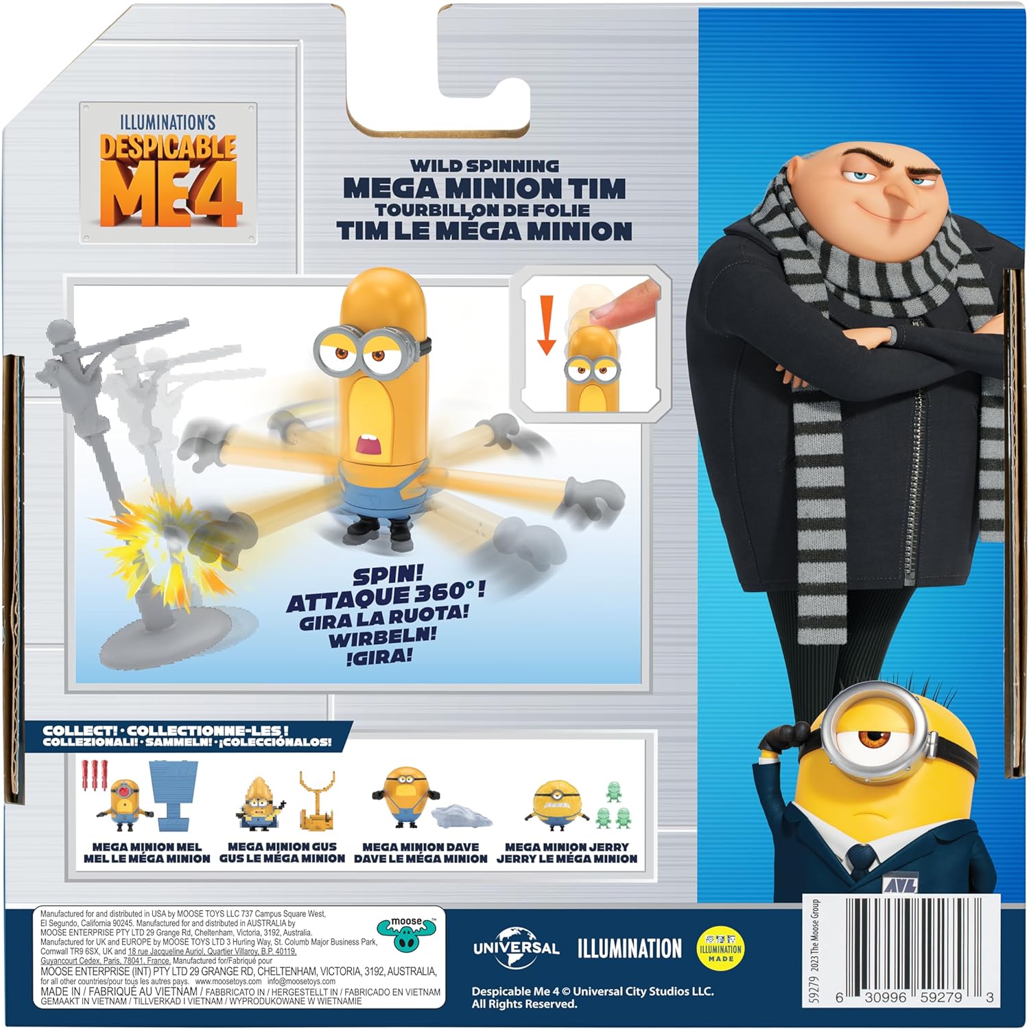 Minions Despicable Me 4 Wild Spinning Mega Tim Action Figure | Press Down On Tim's Head For Some Wild Spinning Knock-down Power | Collect All 5 | All With A Different Play Feature And Accessories