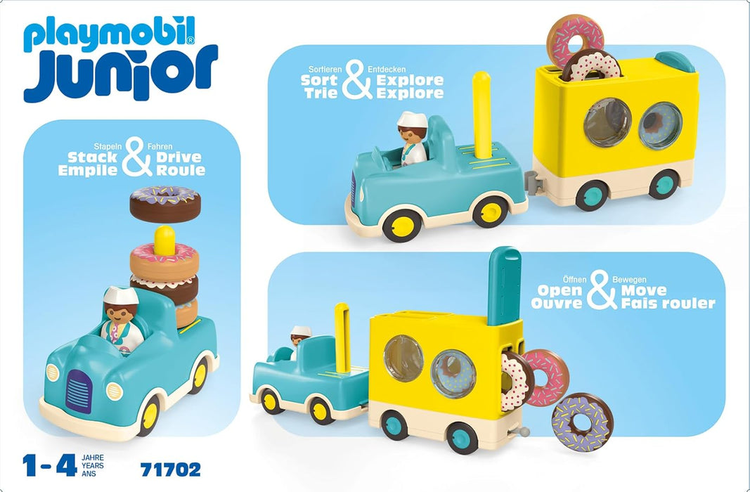 PLAYMOBIL Junior 71702 Camión de Donut, con función de apilamiento y clasificación, Juguete sostenible Hecho de plásticos a Base de Plantas, Juguetes para niños a Partir de 1 año