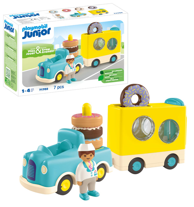 PLAYMOBIL Junior 71702 Camión de Donut, con función de apilamiento y clasificación, Juguete sostenible Hecho de plásticos a Base de Plantas, Juguetes para niños a Partir de 1 año